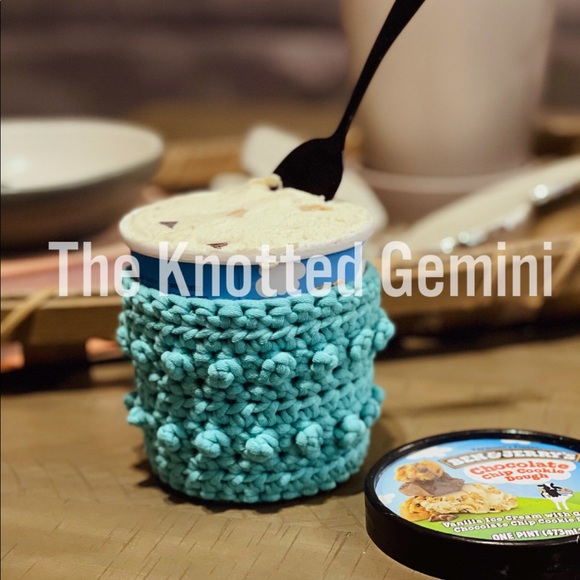 Handmade Crocheted Teal Blue Ice Cream Pint Covers - Picture 4 of 16